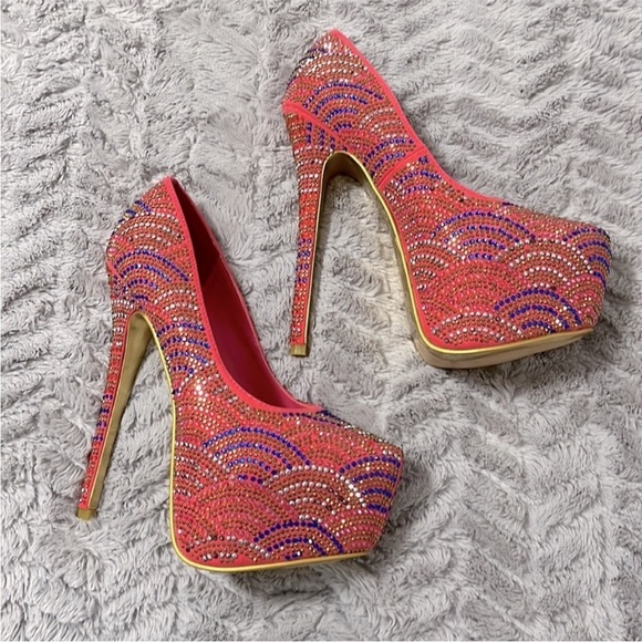 Luxury Pink Multi-Color Rhinestone Platform Stiletto Pumps Heels 7 Prom Wedding - Picture 4 of 11